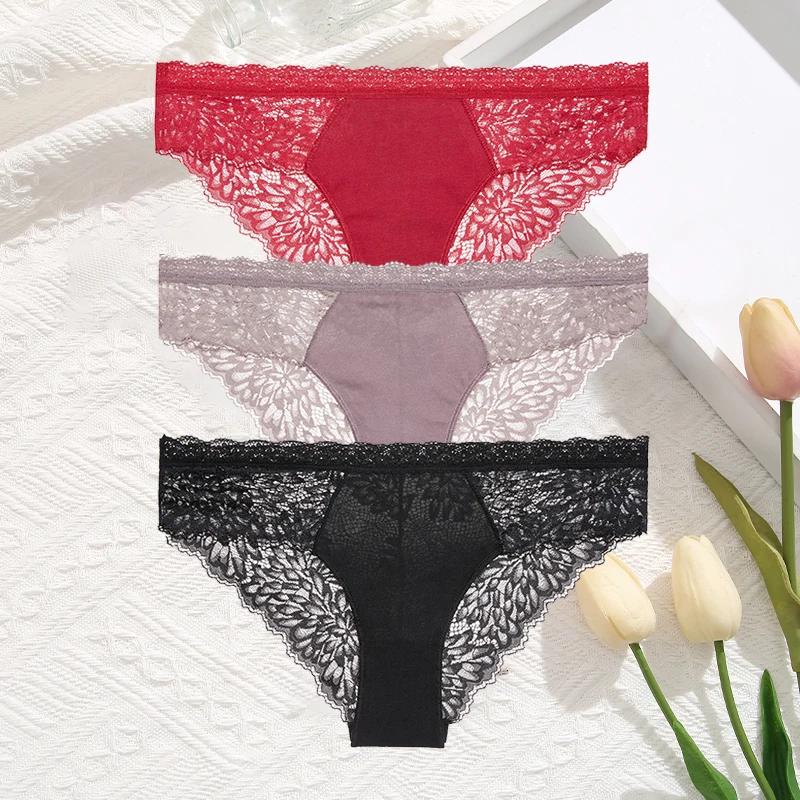 3Pcs/Set Women Sexy Lace Panties Transprant Hollow Out Low Waist Briefs Female Solid Soft Breathable Comfort Underwear Lingerie