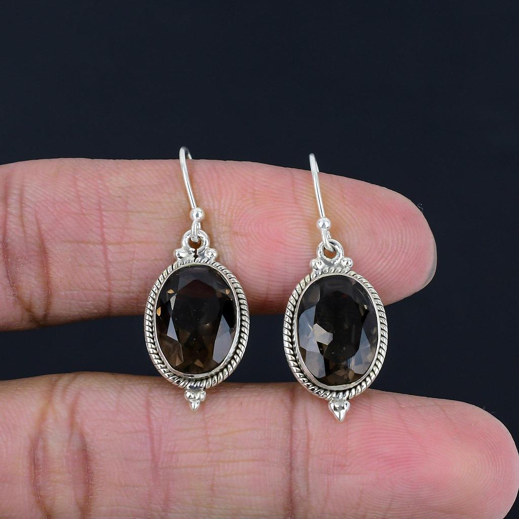 Серьги с граненым дымчатым кварцем, однотонные серьги из стерлингового серебра 925 пробы ручной работы, висячие серьги ручной работы, ювелирные изделия, подарок для женщин и девочек