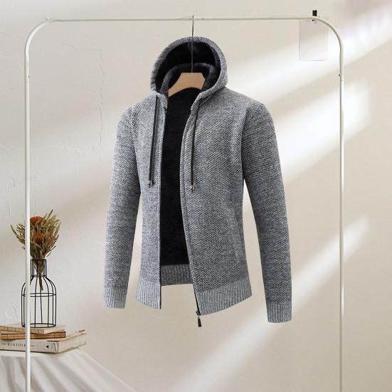 Men Fall Winter Cardigan Coat Drawstring Hooded Thick Velvet Lining Ribbed Cuffs Hem Solid Color Knitted