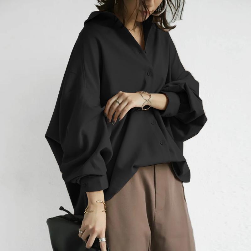 Women Turn-Down Collar Long Sleeve Loose Shirts Casual Solid Shirts