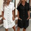 Women's Solid Color Short-sleeved Lapel Cotton Linen Casual Loose Dress