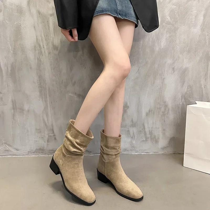 Женские ботинки челси, простые замшевые ботинки до середины голени с круглым носком и квадратным каблуком, удобные осенние ботинки для отдыха на открытом воздухе, 2024, Tendencia