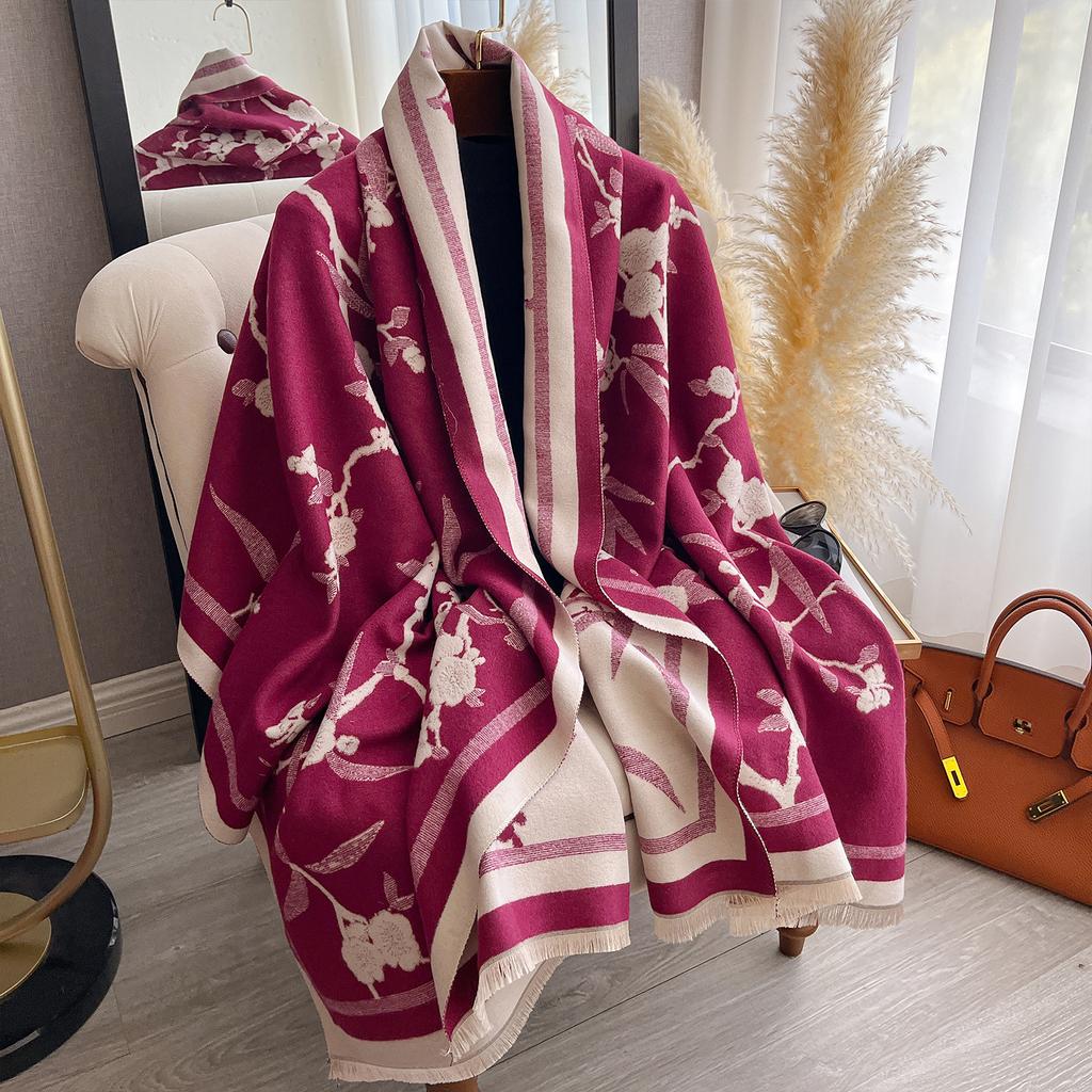 Fashionable And Elegant Scarf Women'S Winter High-End Flower Imitation Cashmere Double-Sided Thickened Long Scarf Large Shawl
