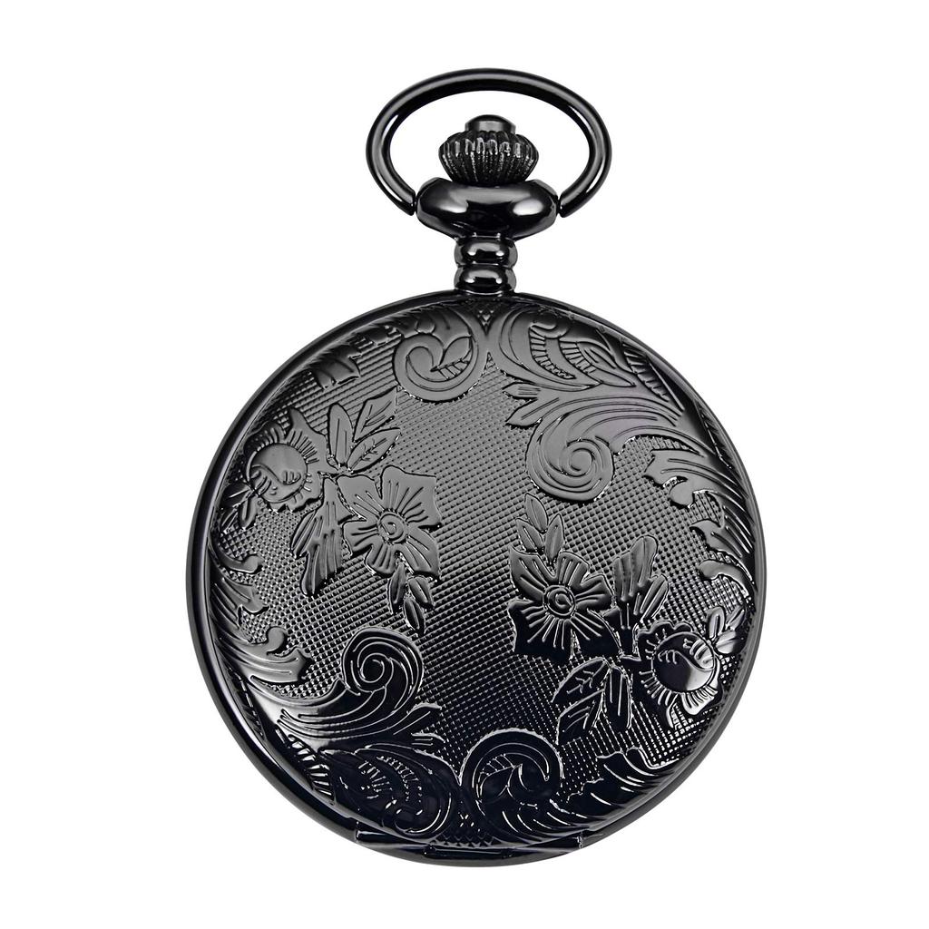 TREEWETO Mechanical Manual Winding Pocket Watch Roman Numerals Skeleton Black with Chain
