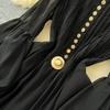 Весна-лето Женские роскошные черные шифоновые праздничные пляжные платья до середины икры с металлическими пуговицами и поясом