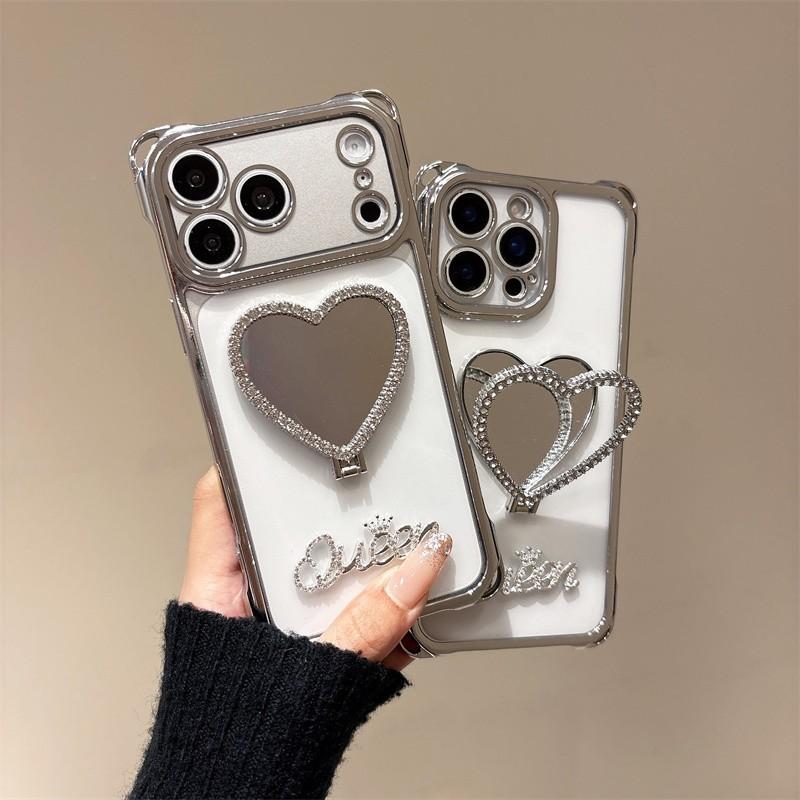 Luxurious Rhinestone Heart Mirror Kickstand Phone Case For iPhone 11 12 13 14 15 16 17 Pro Max 14 15 16 Plus 17Pro Air Y2K Cover