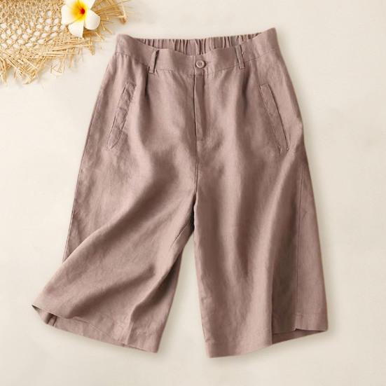 Women Cotton Linen Suit Shorts Elastic Waistband Women Shorts High Waist Straight Wide Leg A Line Work Shorts Casual Short Pants