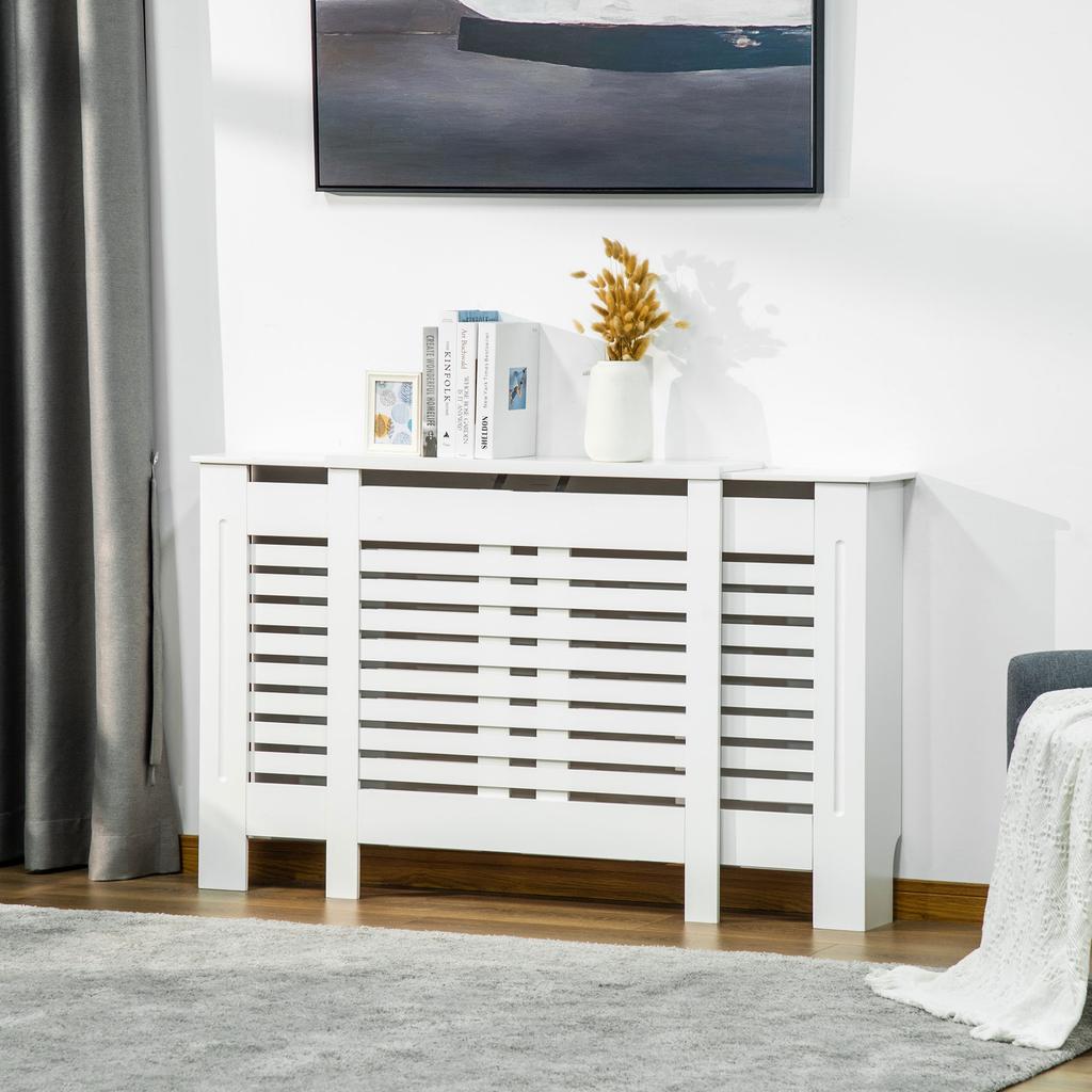 Radiator Cover Furniture Adjustable Width and Upper Shelf in MDF and Wood, 140-202x19x82.5cm, White