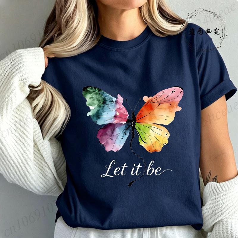 Футболка High Street Let It Be с принтом радужной бабочки Модная футболка Женская футболка с акварельной бабочкой Летние брендовые топы