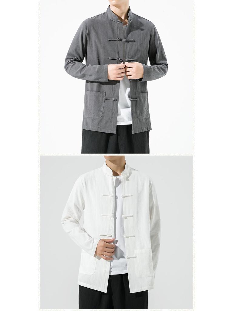 Мужская китайская ретро рубашка Тан с длинным рукавом - Однотонная, свободного стиля костюма для чаепития