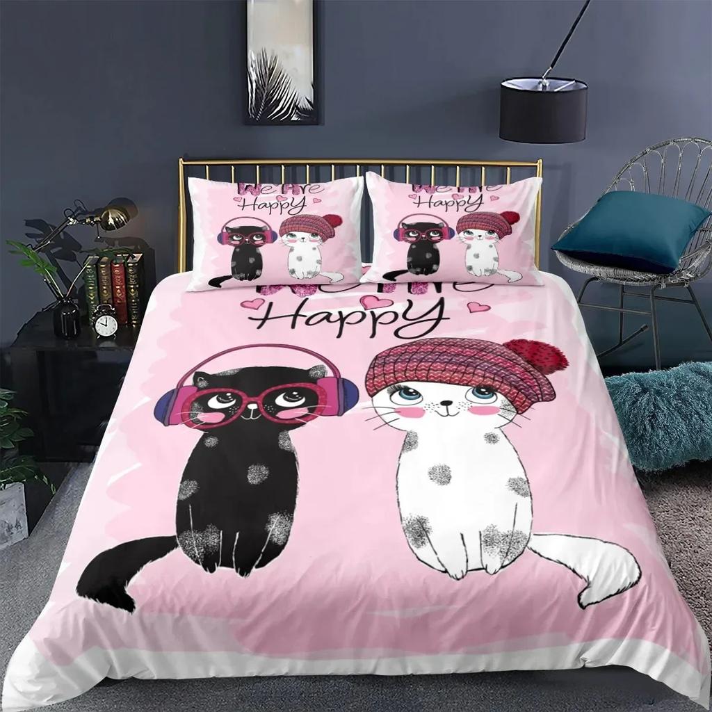 Cat Fashion Pig Cartoons Flat Comfortable Duvet Quilt Cover Pillowcase Bedding Set Children Bedroom Decoration Home Textile
