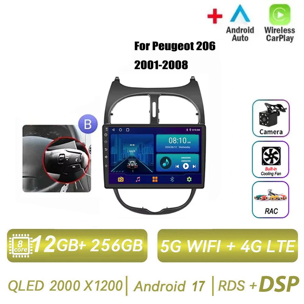 Android 17 pour PEUGEOT 206 206CC 206SW 2001 - 2016 Radio de voiture multimédia automobile sans fil Carplay Accessoires Écran de voiture