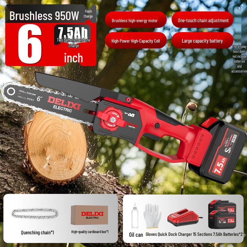 Delixi Rechargeable Brushless Electric Chainsaw with Lithium Battery - Handheld Garden Pruning and Felling Tool for Fruit Trees.
