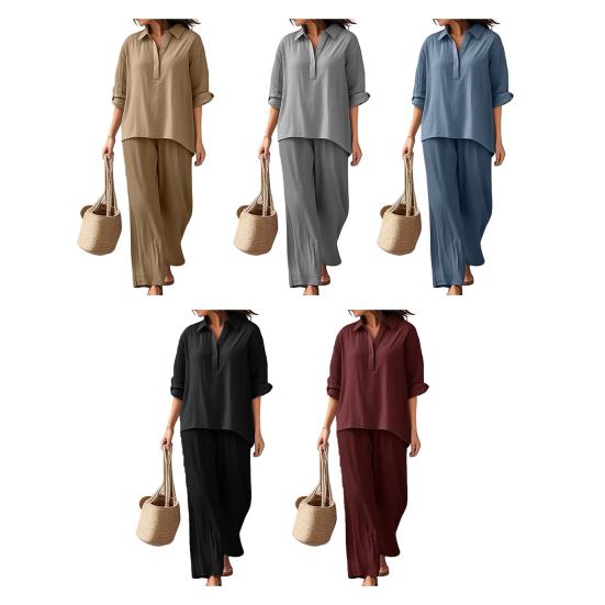 Women's Cotton Linen 2 Piece Set Casual Lapel V Neck Short Sleeve Top Wide Leg Pants Set Summer Loose Lounge Outfits
