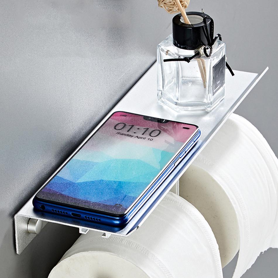 Черный двойной держатель для бумаги с полкой для телефона, алюминиевая стойка для хранения бумажных полотенец для туалета, вешалка для рулонов салфеток для кухни, туалета, ванной комнаты