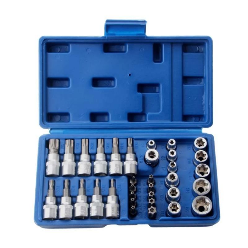 New 34pcs Bit Socket and E-Torx Star Socket Set 1/4" 3/8" Drive Male Female E-torx Security Bits Handheld Tool Auto Repair Tool