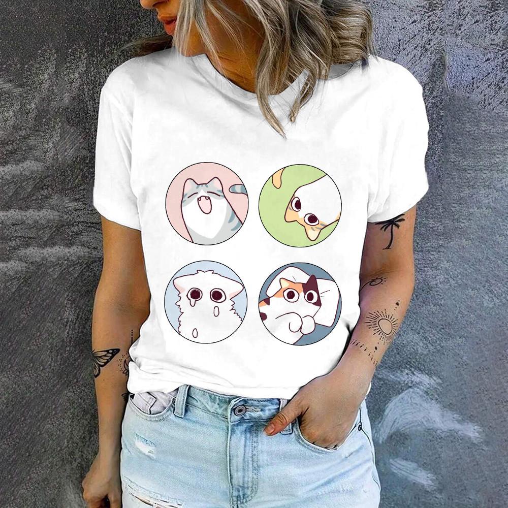 Cute Cat Print High Quality Short Sleeve Street Fashion Loose Round Neck T-shirt Summer New Casual Comfortable Women's T-shirt