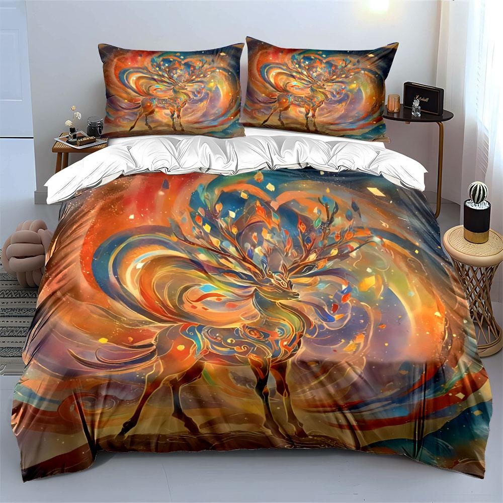 Colorful Deer Art Set - Home Decor Bedding Set with 1 Duvet Cover 2 Pillowcases Single Double King Queen, Gift