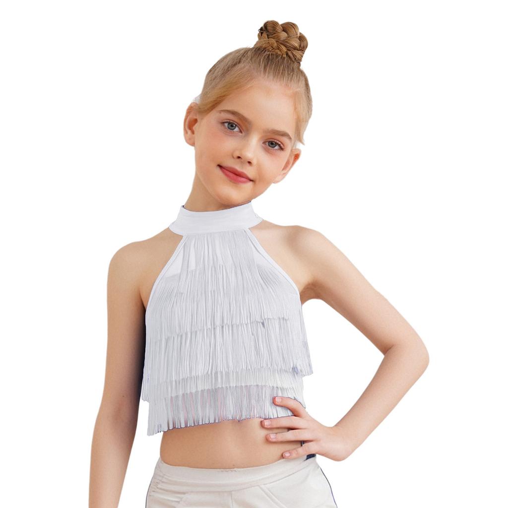 Девочки Сальса Латинские Танцы Укороченный Топ: Безрукавка с бахромой и ремешками на спине с многоярусной бахромой для соревнований