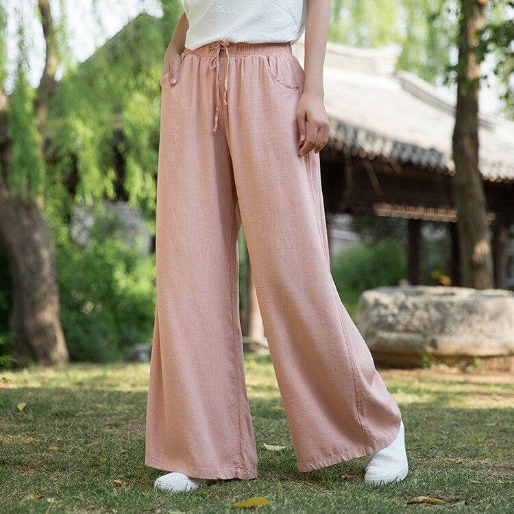 Johnature Solid Color Wide Leg 2021 Spring New Pockets Cotton Linen Women Cloths Pants