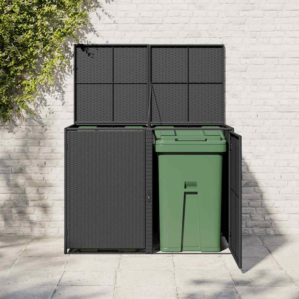 2 Bin Waste Bin Enclosure in Black Poly Rattan 148 x 80 x 111 cm