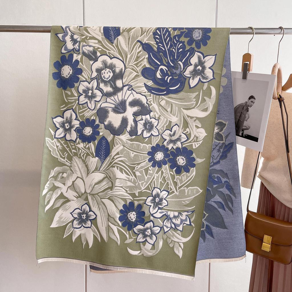 Double-Sided Imitation Cashmere Printed Scarf Women'S Warm Thickened Fringed Scarf Flower Blooming Rich Long Fashion Versatile Shawl
