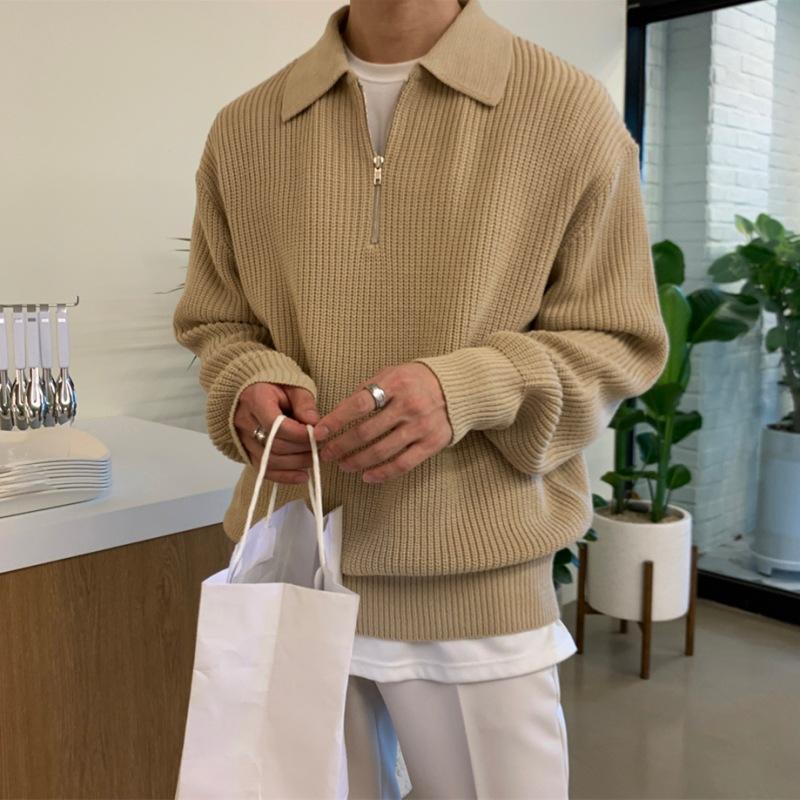 POLO Collar Sweater Men's Winter Thickened Loose Half-Zip Knit Sweater Autumn and Winter Lazy Japanese Retro Jacket