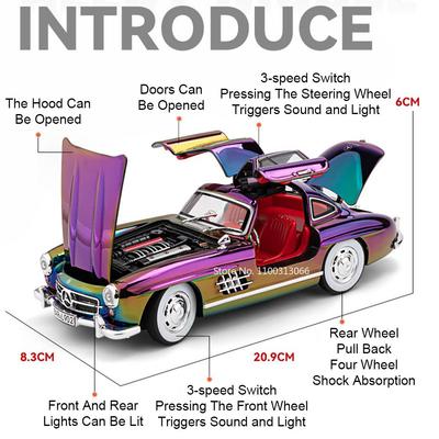 1:Масштаб 1:24 Модели 300SL Винтажные Автомобили Игрушки с Механизмом Оттяжки, Светом и Музыкой, 4 Открывающиеся Двери, Миниатюрный Автомобиль, Коллекция для Мальчиков, Подарки