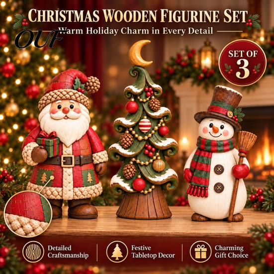Wooden Holiday Gift for Friends 3 Pcs Christmas Table Decoration, Rustic Snowman Santa Claus Xmas Tabletop Indoor Shelf Decor Sign, 2D Flat