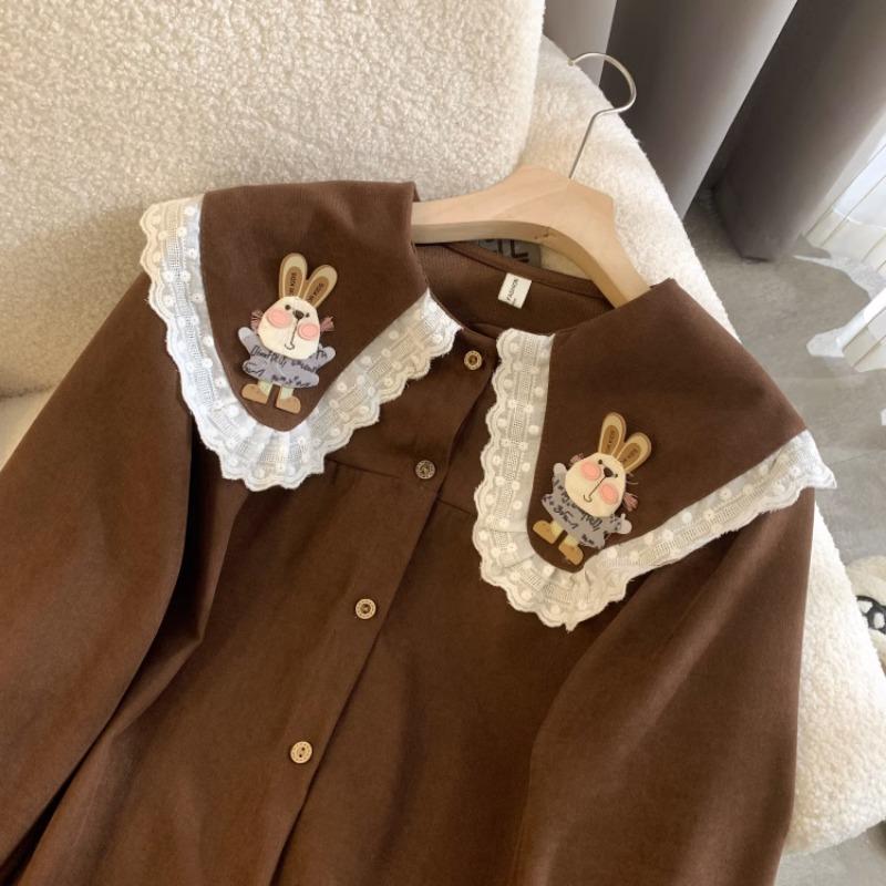 Модные винтажные блузки с воротником Питер Пэн, оборками, нашивками в виде кролика из мультфильма, рубашки, осенний стиль преппи, универсальная одежда для девочек