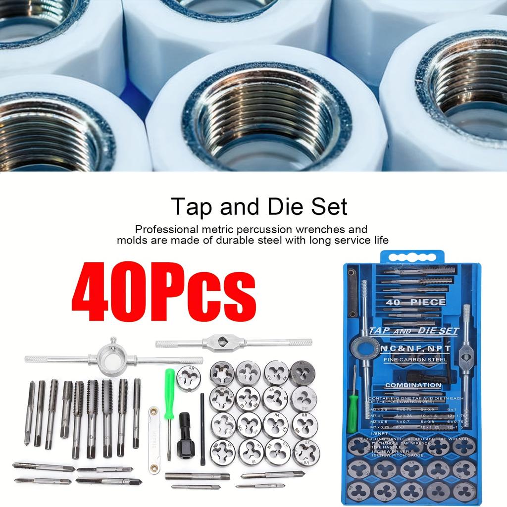 40-Piece Metric Tap and Die Set, Carbon Steel Hand Threading Tools, Professional Milling and Rethreading Kit