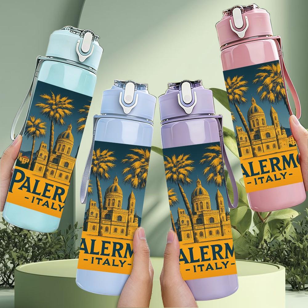 1PC Palermo Sicily Vintage Poster Print 750ml Color Plastic Sports Water Bottle Leakproof Flip Straw Lid Suitable for Sports Office Home Use