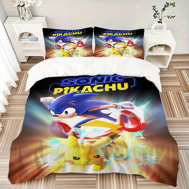 3pcs Sonic Pikachu Duvet Cover Set, 1 Duvet Cover + 2 Pillowcases (No Insert), High-Definition Print, Home & Dorm Set yy251208051