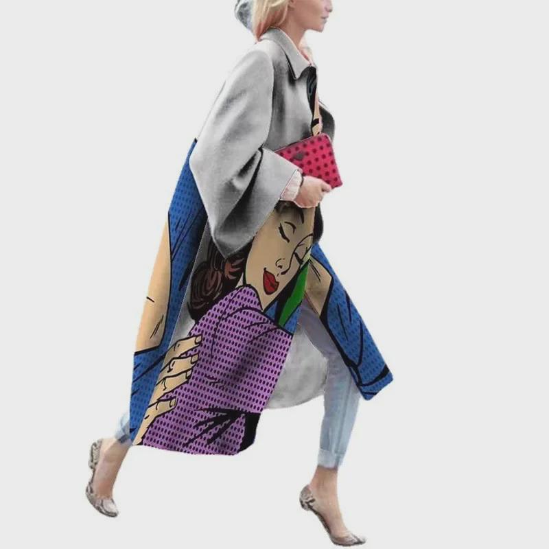 Новое женское шерстяное пальто с лацканами и принтом 2025 года — европейская и американская осенняя мода с длинными рукавами