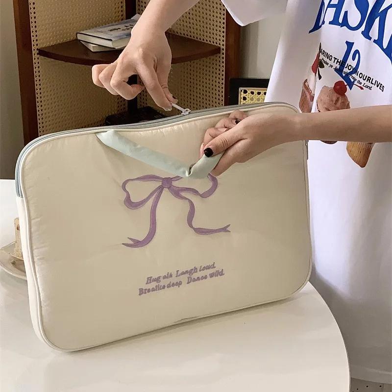 Cute Embroidered Bow Laptop Sleeve Handbags For Macbook Air Pro 11 13 14 15.6 Inch Cover For Ipad Pro 11 12.9 2024 Tablet Pouch