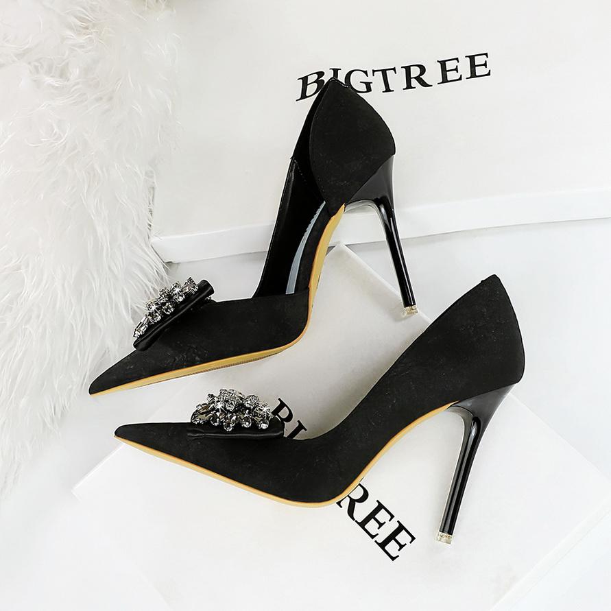 BIGTREE European and American High-heeled Stiletto Shallow Mouth Pointed Side Hollow-out Cloth Super High Heel Diamond-bow Single Shoe