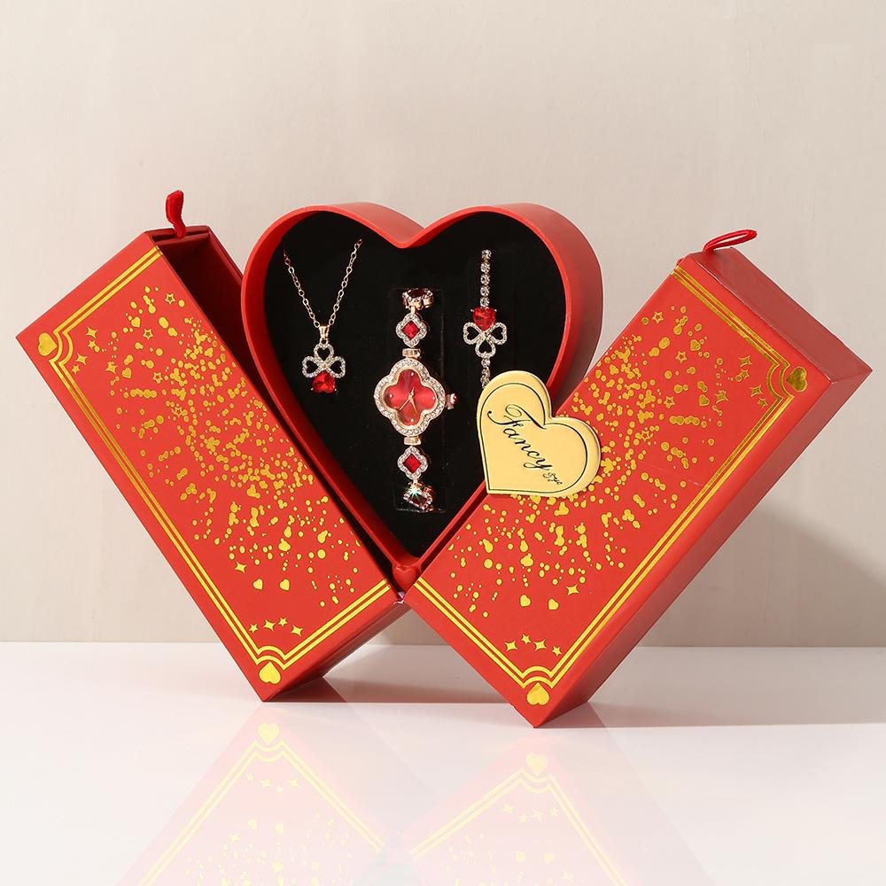 Wisteria Women Quartz Crystal Watch Necklace Earrings Custom Gift Set Birthday Valentine Souvenirs Heart Luxury Gift Box