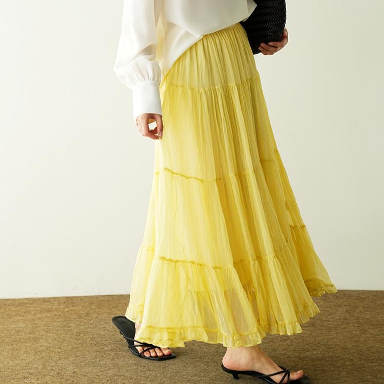 Dimanaf 2025 Летние женские новые юбки однотонные эластичные талии плиссированные сетчатые элегантные юбки желтые