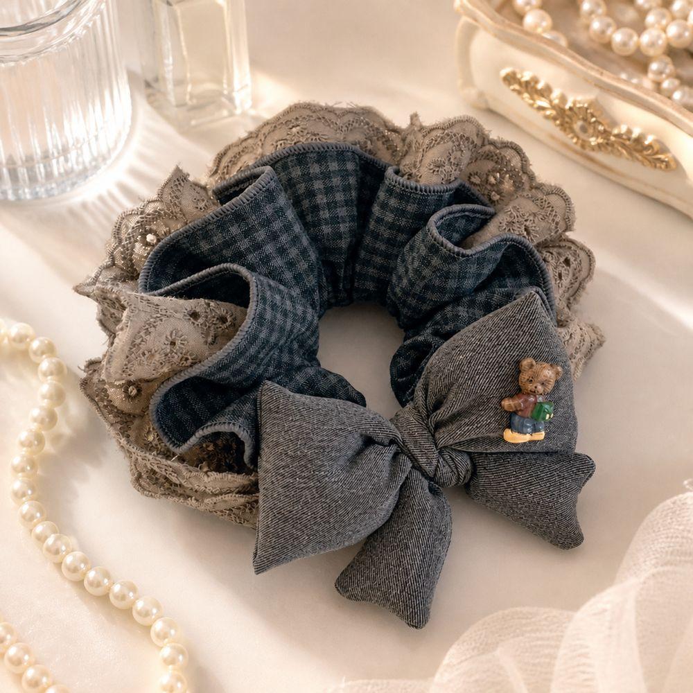 Checkered Bow Tie Bear Lace Hair Scrunchie Bear Elastic Hair Band Hair Accessory Ponytail Styling