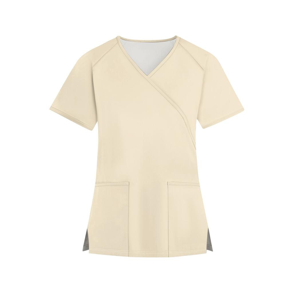 Женская мода однотонная рабочая одежда с v-образным вырезом и короткими рукавами с карманами, топы
