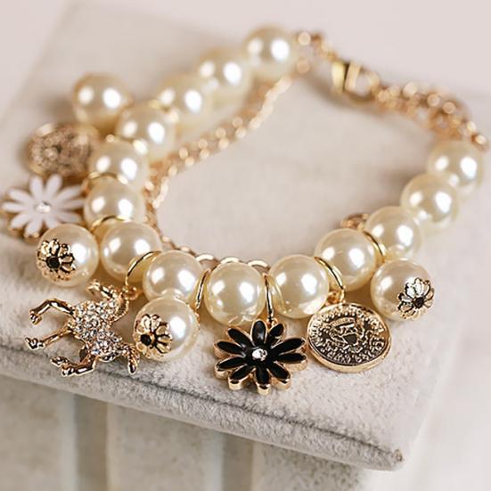Horse Flower Charm Women Bracelet Faux Pearl Party Bangle Gift Jewelry