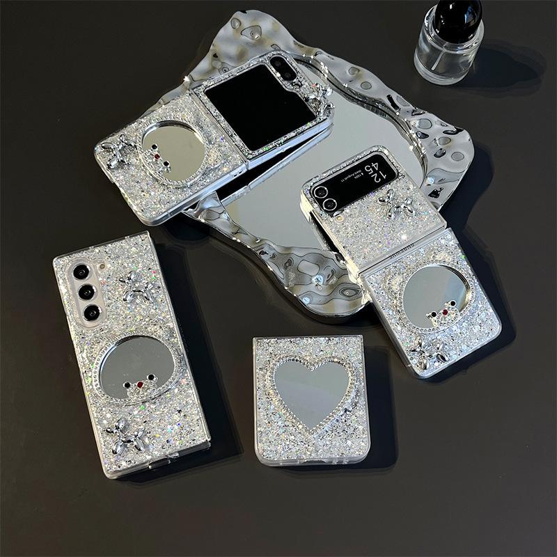 Вода Бриллиант Любовь Медведь Зеркальный Чехол для Телефона для Samsung ZFLP6 Flip Up Складной Экран ZFold 5 Блестящий Женский