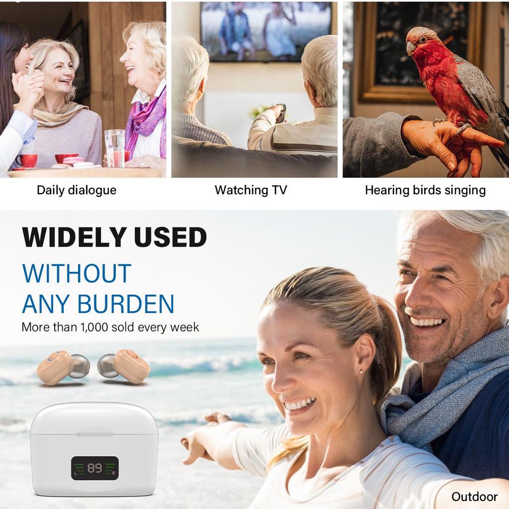 Слуховой аппарат TWS с цифровым дисплеем: Портативный внутриушной усилитель звука для пожилых людей с зарядным чехлом.