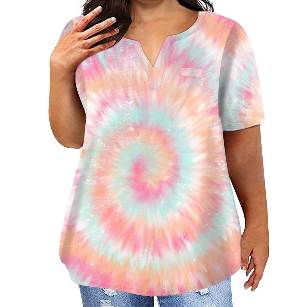 Женская футболка большого размера, повседневный топ с карманами и V-образным вырезом с короткими рукавами