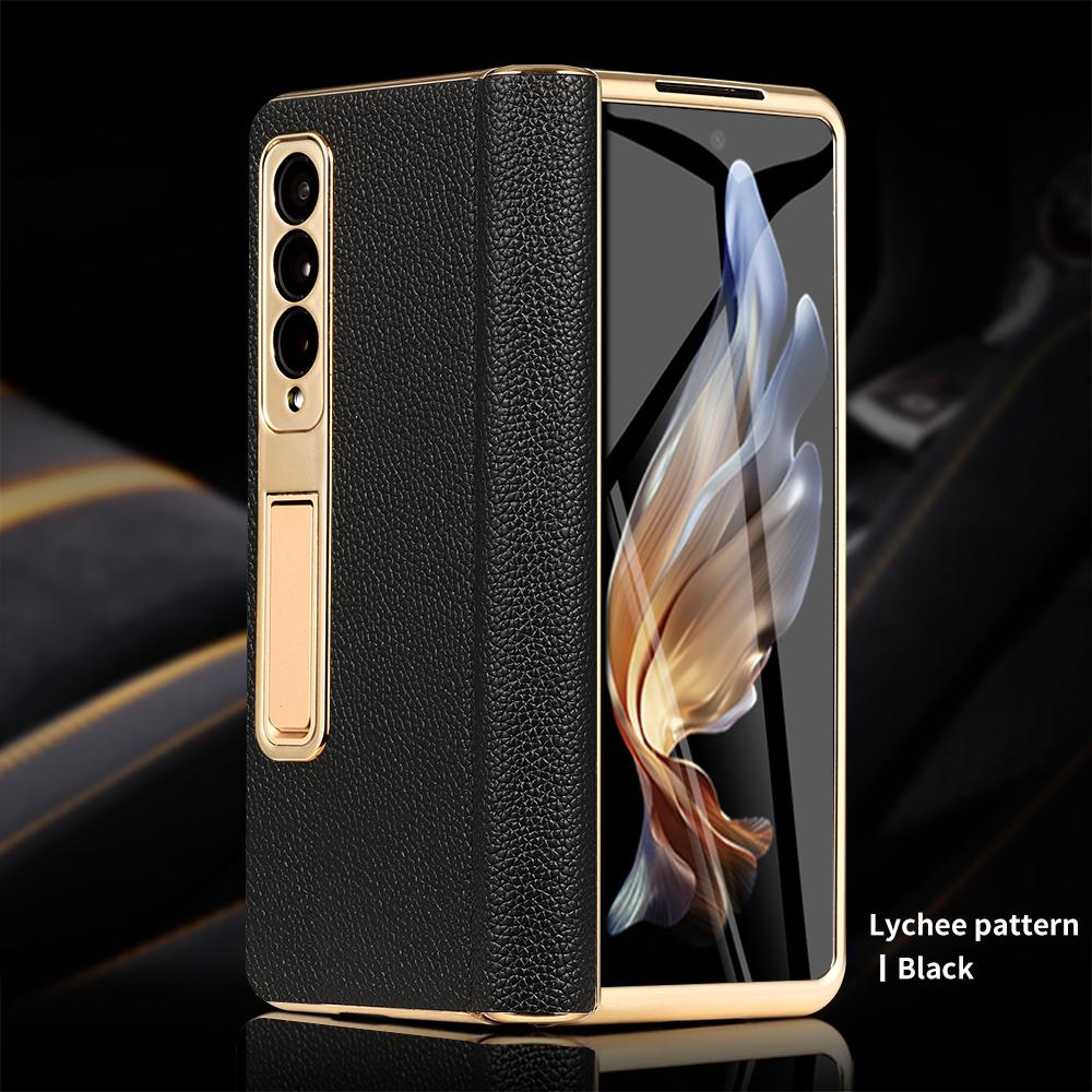 Кожаный чехол для телефона Samsung Galaxy Z Fold 6 5 4 3 Fold6 Fold5 с позолоченным магнитным шарниром и подставкой, задняя крышка с зеркальной пленкой