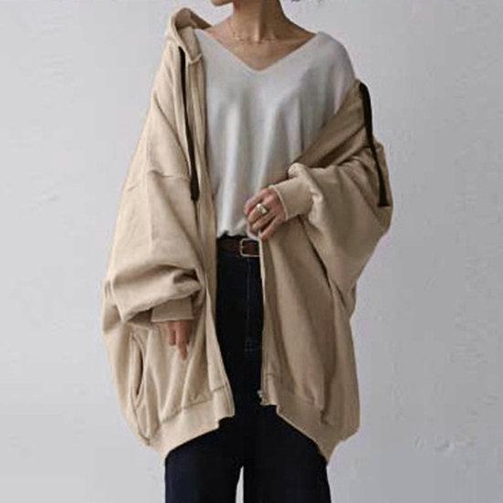 Women Autumn Hooded Drawstring Sweatshirt Coat Long Sleeve Pockets Zipper Placket Mid Length Solid Color Hoodie Outwear