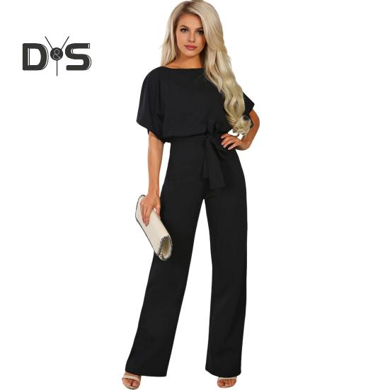 Женский комбинезон с поясом на шнуровке, широкие штанины, короткие рукава, однотонный цвет, О-образный вырез, высокая талия, повседневный деловой длинный комбинезон