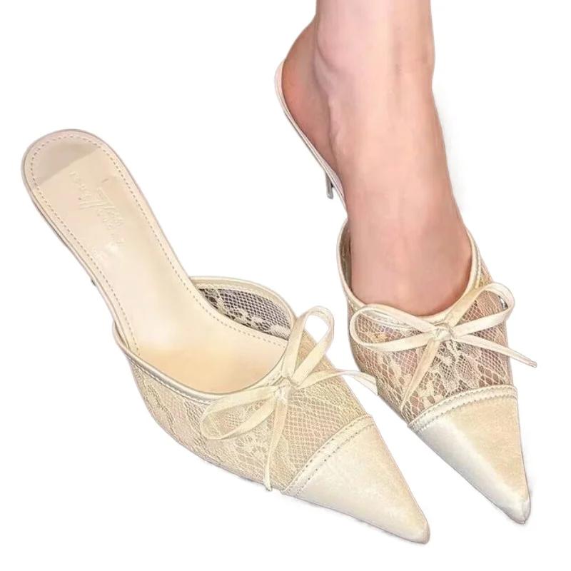 2025 Hot Sale Women's Shoes Closed Toe Women's Slippers Fashion Butterfly-knot Dress Slippers Women Summer Solid Heels Women