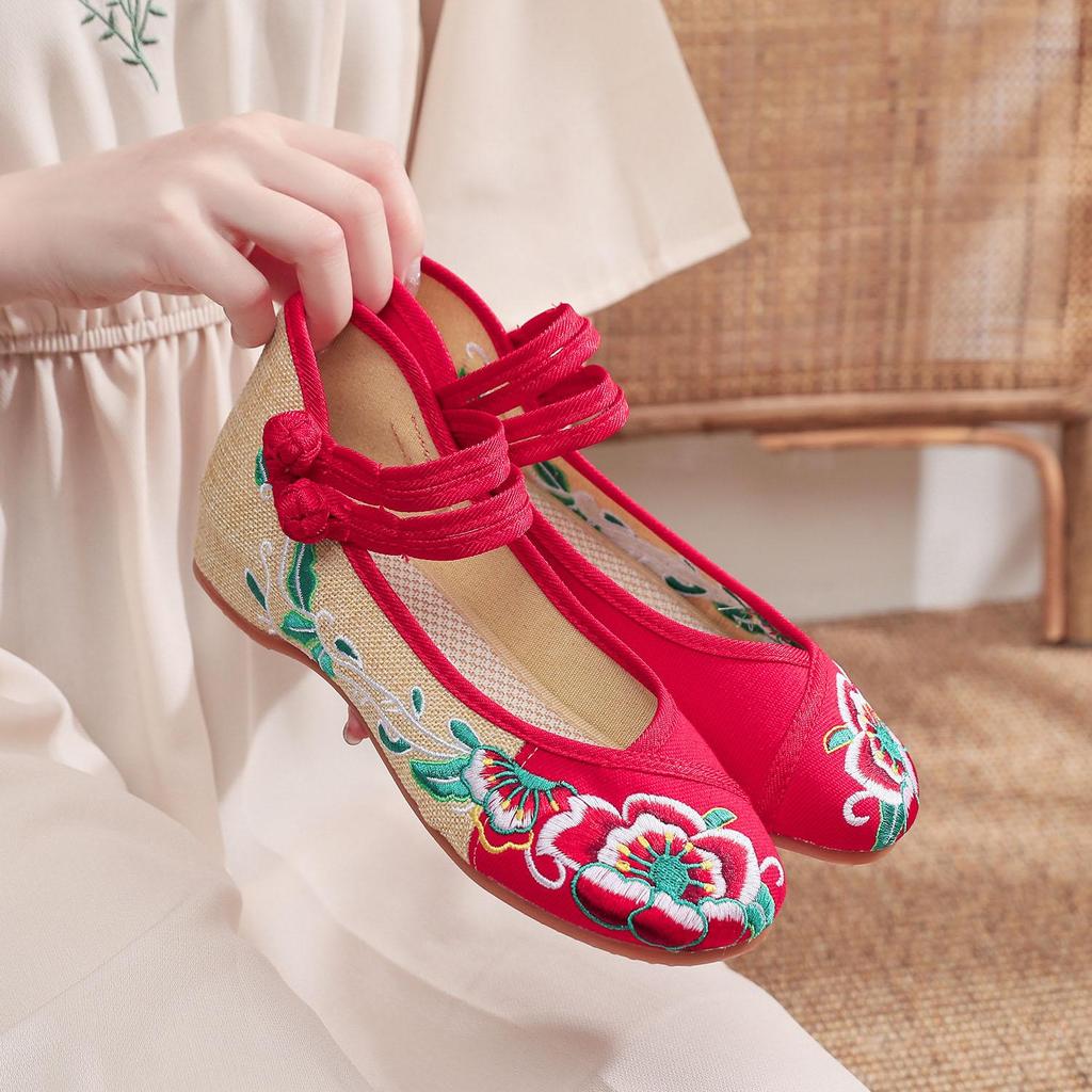 Chinese Embroidered Hibiscus Flowers Cloth Shoes Women's Shoes and Linen Tendon Soles