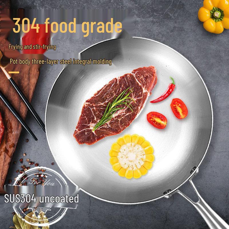 Cross 304 Stainless Steel Triple-Layer Wok: Induction & Gas Compatible Flat-Bottom Frying Pan, Coating-Free.